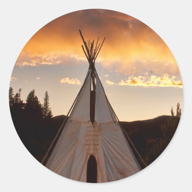 Indian Teepee Sunset vertical image Classic Round Sticker (Front)