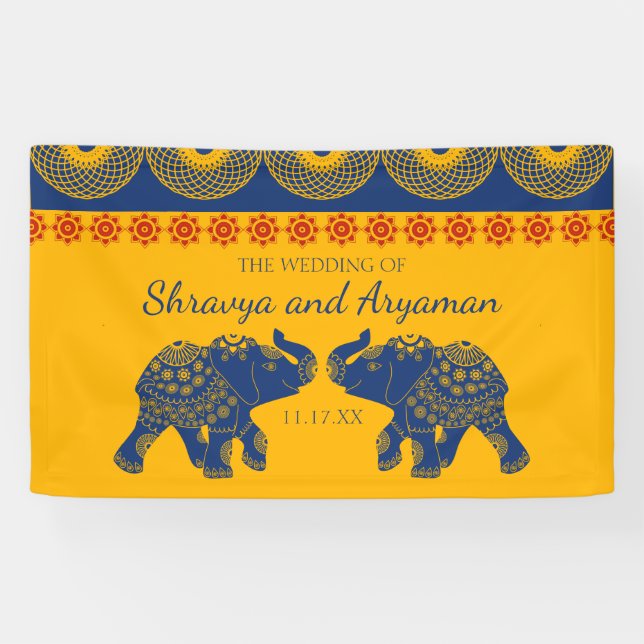 Indian Themed Elephants in Royal Blue Wedding  Banner (Horizontal)