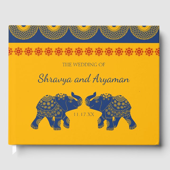Indian Themed Elephants in Royal Blue Wedding Guest Book (Front)