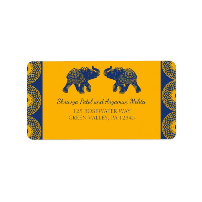 Indian Themed Elephants in Royal Blue Wedding  Label (Front)