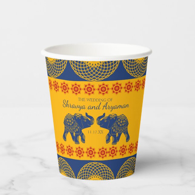 Indian Themed Elephants in Royal Blue Wedding  Paper Cups (Front)