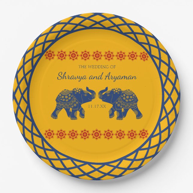 Indian Themed Elephants in Royal Blue Wedding  Paper Plate (Front)