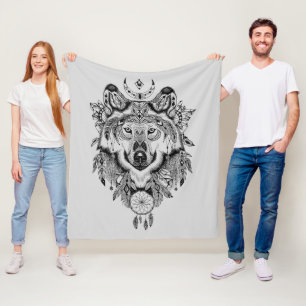 Indian Tribal Wolf Fleece Blanket
