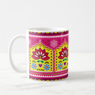 Indian truck art floral seamless folk art pattern, coffee mug