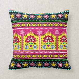 Indian truck art floral seamless folk art pattern, cushion