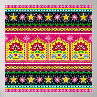 Indian truck art floral seamless folk art pattern, poster