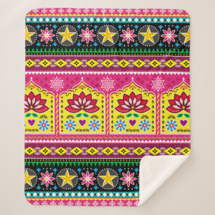 Indian truck art floral seamless folk art pattern, sherpa blanket