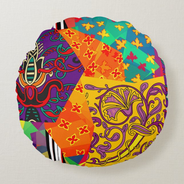 Indian Turkish Festive Patchwork Mandala Round Cushion (Front)