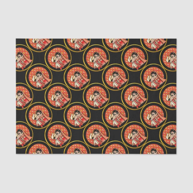 Indian Wedding Cute Bride Groom Cartoon Customised Tissue Paper (Front)