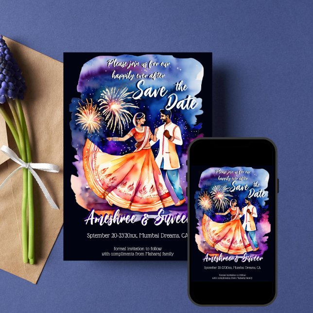 Indian wedding dancing couple fireworks save date invitation (Indian wedding save the date template invitation dancing Indian bridal couple fireworks modern )