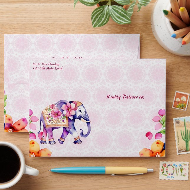 Indian wedding elephant pink mandala pattern envelope (Desk)
