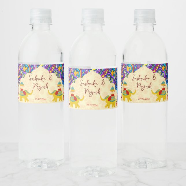 Indian wedding elephants blue pattern personalised water bottle label (Bottles)