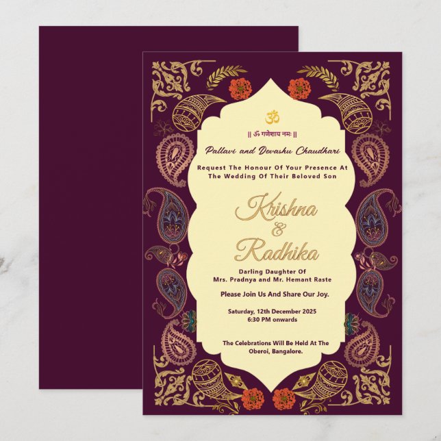 Indian wedding ethnic luxury Hindu invitation (Front/Back)