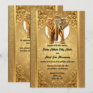 Indian wedding gold black elephants damask asian  invitation