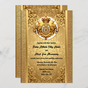 Indian wedding gold black elephants damask elegant invitation