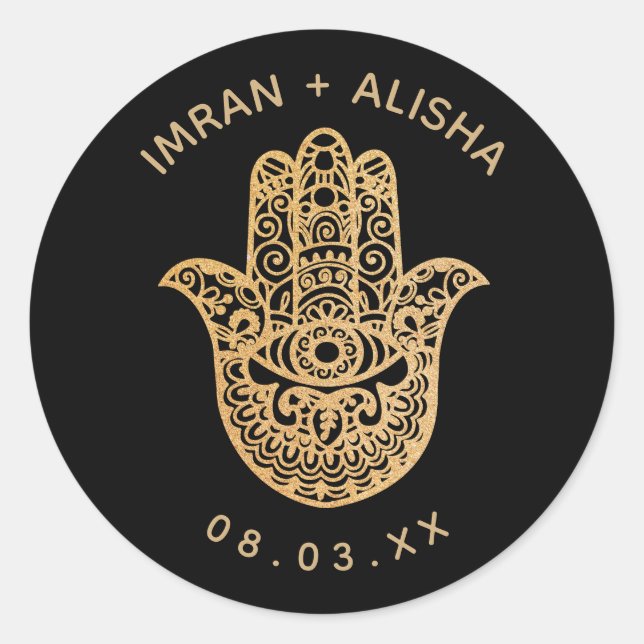 Indian Wedding Gold Black hamsa Henna  Classic Round Sticker (Front)