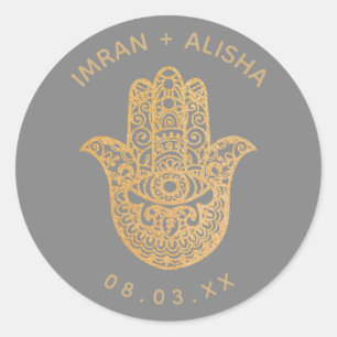 Indian Wedding Gold Grey hamsa Henna Classic Round Sticker