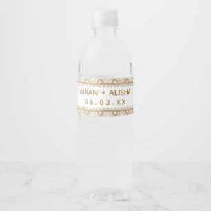 Indian Wedding Gold Henna Paisley White Water Bottle Label
