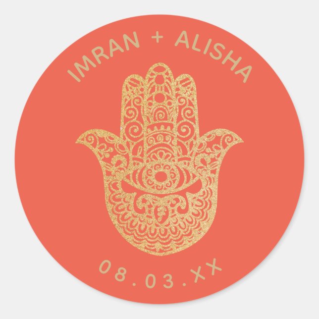 Indian Wedding Gold Orange hamsa Henna  Classic Round Sticker (Front)