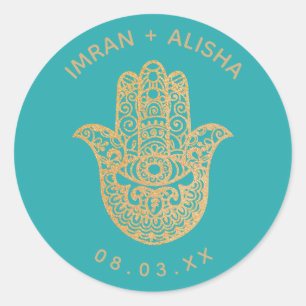 Indian Wedding Gold Turquoise hamsa Henna Classic Round Sticker