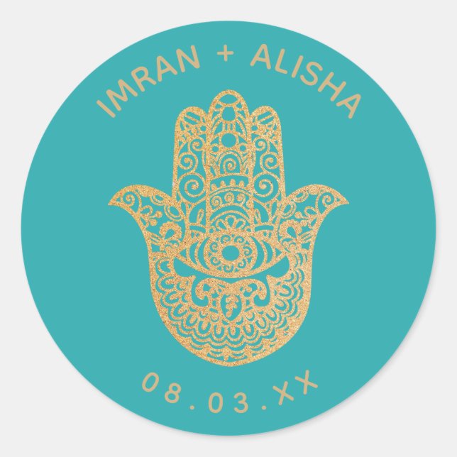 Indian Wedding Gold Turquoise hamsa Henna Classic Round Sticker (Front)