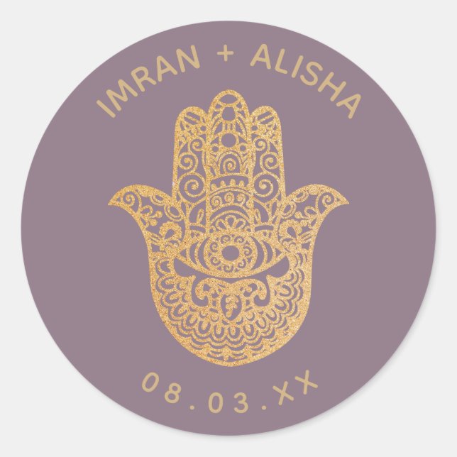 Indian Wedding Gold Violet hamsa Henna  Classic Round Sticker (Front)