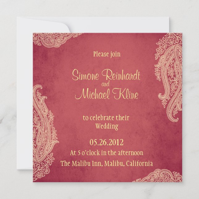 Indian Wedding Invitation, Hindu, Mehndi red, gold Invitation (Front)