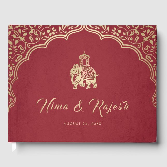 Indian Wedding Invitation, Red, Gold, Ganesha Guest Book (Front)