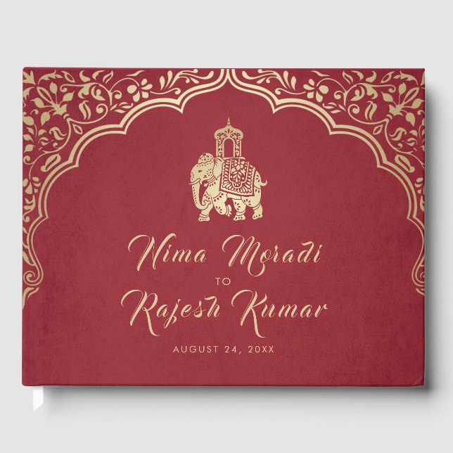 Indian Wedding Invitation, Red, Gold, Ganesha Guest Book (Front)