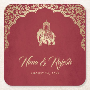 Indian Wedding Invitation, Red, Gold, Ganesha Square Paper Coaster