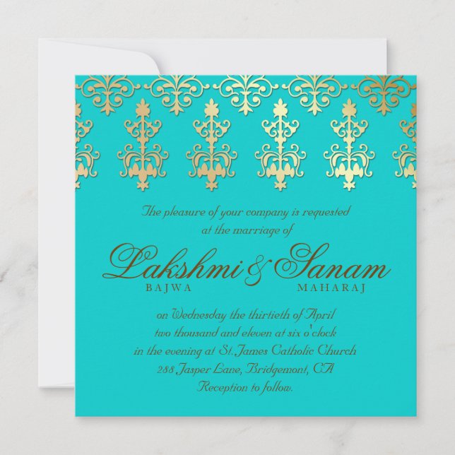 Indian Wedding Invite Damask Gold Autumn Teal (Front)