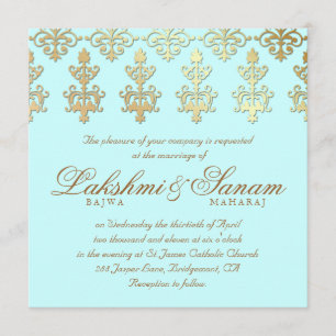 Indian Wedding Invite Damask Gold Baby Blue