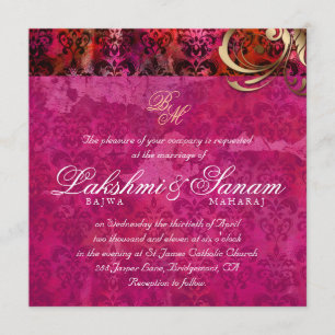 Indian Wedding Invite Damask Gold Pink Red