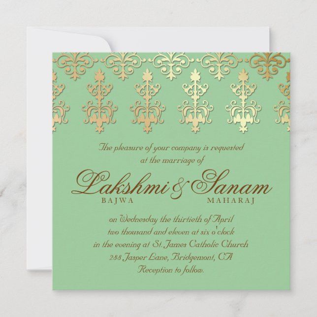 Indian Wedding Invite Damask Gold Spring Green (Front)