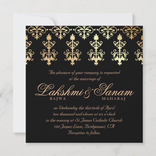 Indian Wedding Invite Damask Gold Winter Black (Front)