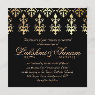 Indian Wedding Invite Damask Gold Winter Black