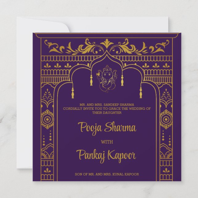  Indian Wedding Mandap Ganesha Gold Script Photo Invitation (Front)