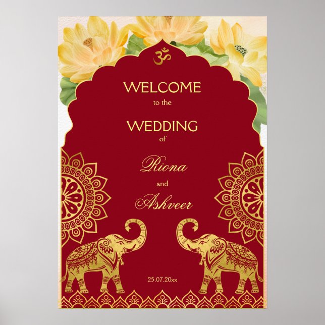 Indian wedding maroon gold elephant lotus welcome  poster (Front)
