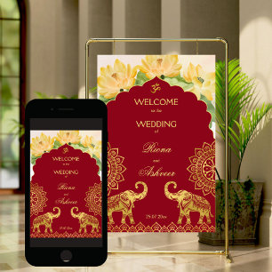 Indian wedding maroon gold elephant lotus welcome poster
