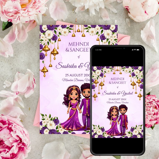 Indian wedding Mehndi purple cute bridal couple  Invitation (Indian wedding Mehndi Sangeet purple  gold bells cute bridal couple cartoon Invitation template)