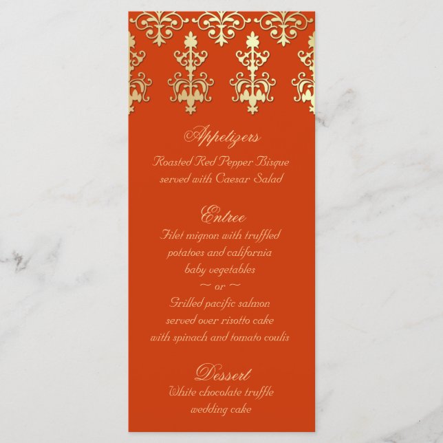 Indian Wedding Menu Cards Orange Gold Damask (Front)