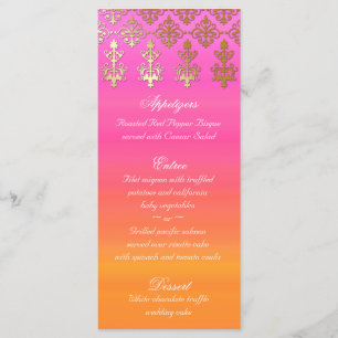 Indian Wedding Menu Cards Pink Orange Gold Damask