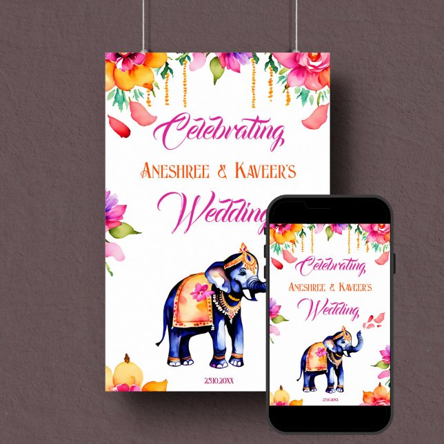 Indian wedding ornate elephant welcome sign (Indian wedding elephant welcome sign poster instant download cerise flowers ornate elephant)