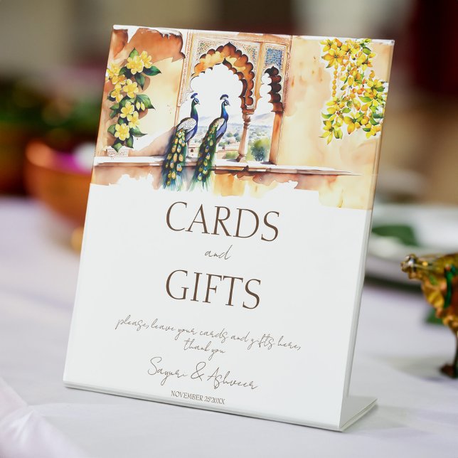 Indian wedding peacock Jaipur palace gifts table Pedestal Sign (Indian wedding peacock Jaipur palace gifts table Pedestal Sign customized wedding signs)