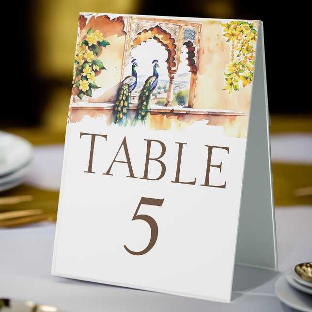 Indian wedding peacock Jaipur palace table numbers (Indian wedding peacocks at  Jaipur palace table numbers Table Tent Sign table decor)