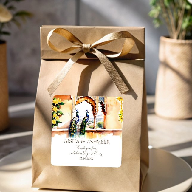 Indian wedding peacock Jaipur palace thank you fav Square Sticker (Indian wedding peacocks at  Jaipur palace thank you favor Stickers Hindu wedding favors)