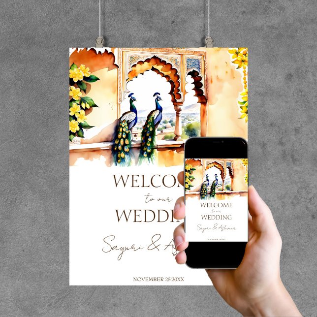 Indian wedding peacock Jaipur palace welcome sign (Indian wedding peacocks at  Jaipur palace customized welcome sign template poster instant download)