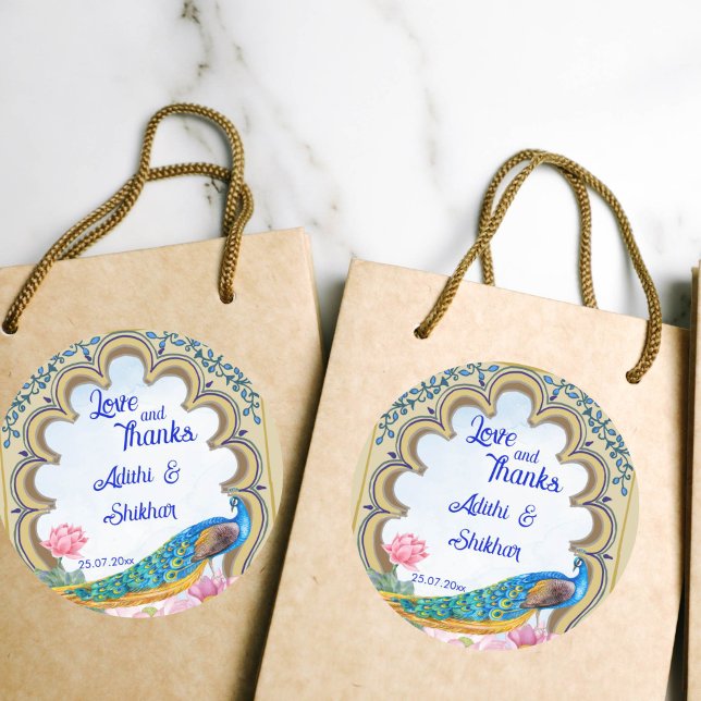 Indian wedding peacock Rajasthan window blue Classic Round Sticker (Indian wedding thank you favor gift stickers Rajasthan window border blue peacock favor stickers)