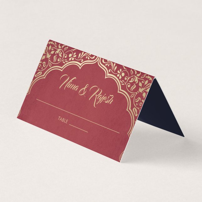 Indian Wedding Place Card, Gold, White, Blue (Front)