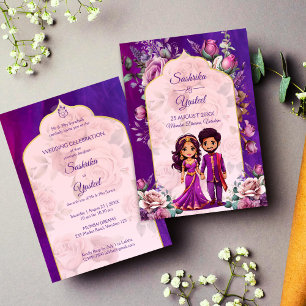 Indian wedding purple pink cute bridal couple  invitation